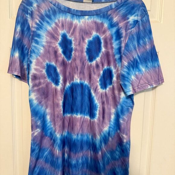 Blue & Purple Tie-Dye Paw Print Tee – Size Large, NWOT, Soft Cotton T-Shirt - Picture 2 of 3